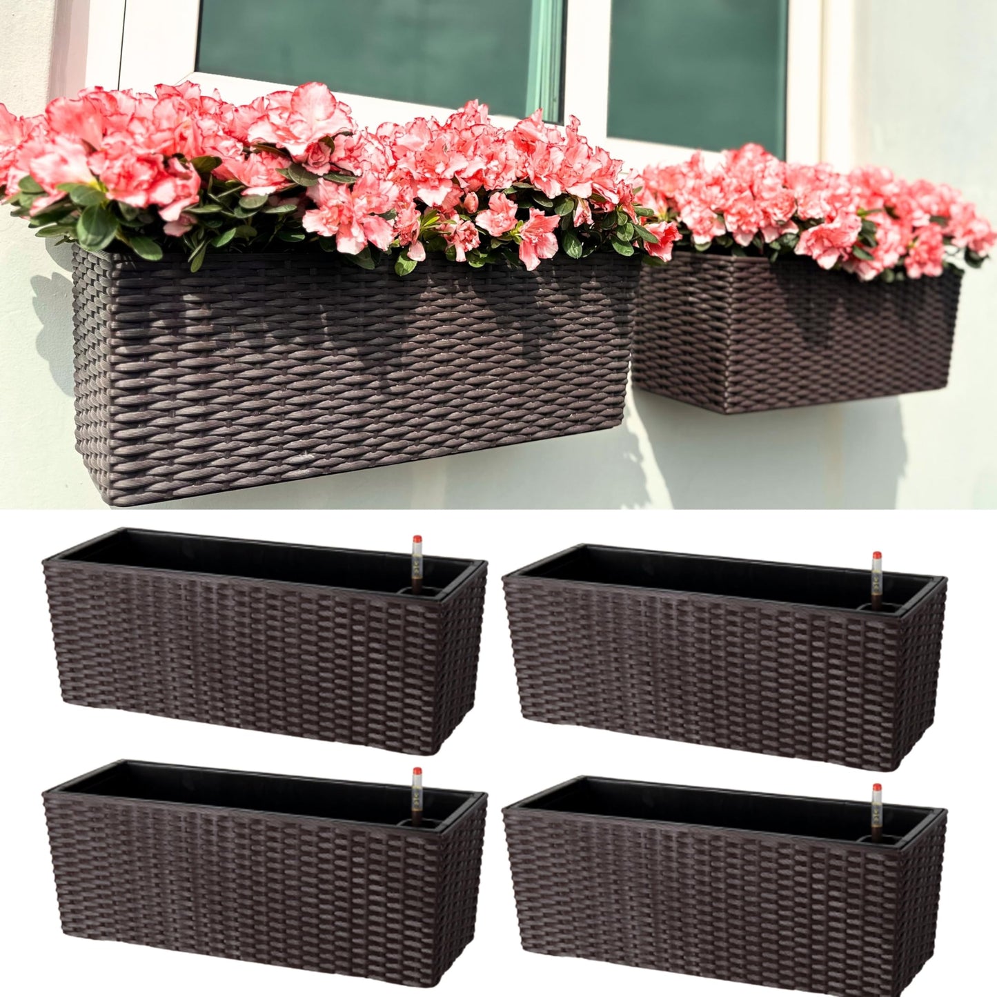 LaLaGreen Wall Planters Outdoor (20 Inch, 4 Pack) Brown Rectangular Window Flower Boxes with Brackets Self Watering System, Vertical Wall Mounted Plant Pot Container Herb Garden Balcony Indoor Decor