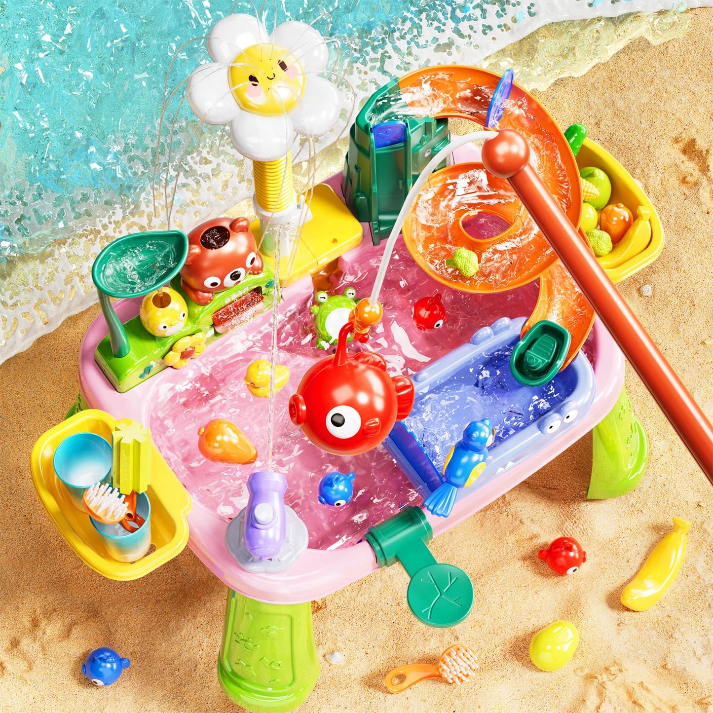 Pupu Pig Water Table Play Sink Toys for Toddlers, Kids Play Kitchen Sink with Running Water, 360° Electric Faucet, Floating Fishing Game, Sensory Water Table Toys for Boys Girls Summer Gifts - Pink