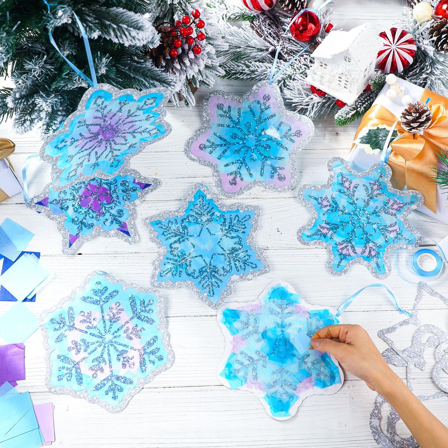 DoubleFill 60 Sets Snowflakes Suncatchers Kit Bulk Winter Snowflakes Tissue Paper Make Your Own Snowflake Stained Glass Ornament for Window Xmas Decoration