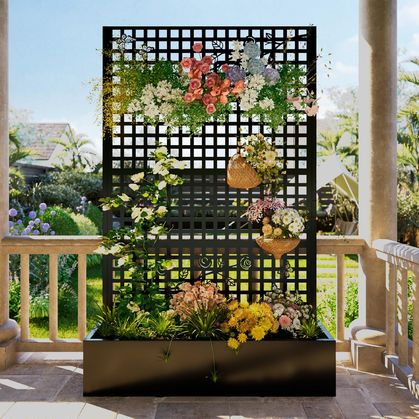 Coumy Metal Raised Planter Box with Trellis & Privacy Screen, 70.9"x 43.3"x 15.8"Free-Standing Garden Bed with Drainage Holes for Climbing Plants, Vegetables and Vines