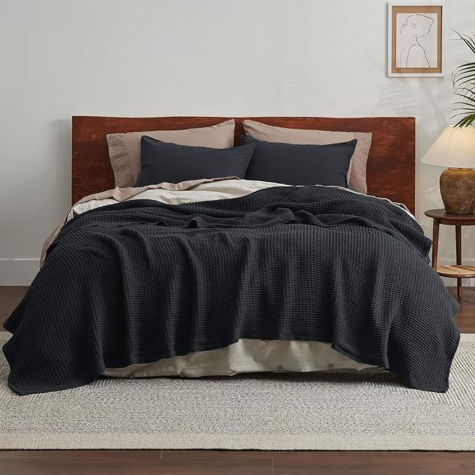 Bedsure 100% Cotton Blanket King Size for Bed - Breathable and Soft, Waffle Weave Blanket for Summer Spring, Black, 104x90 inches