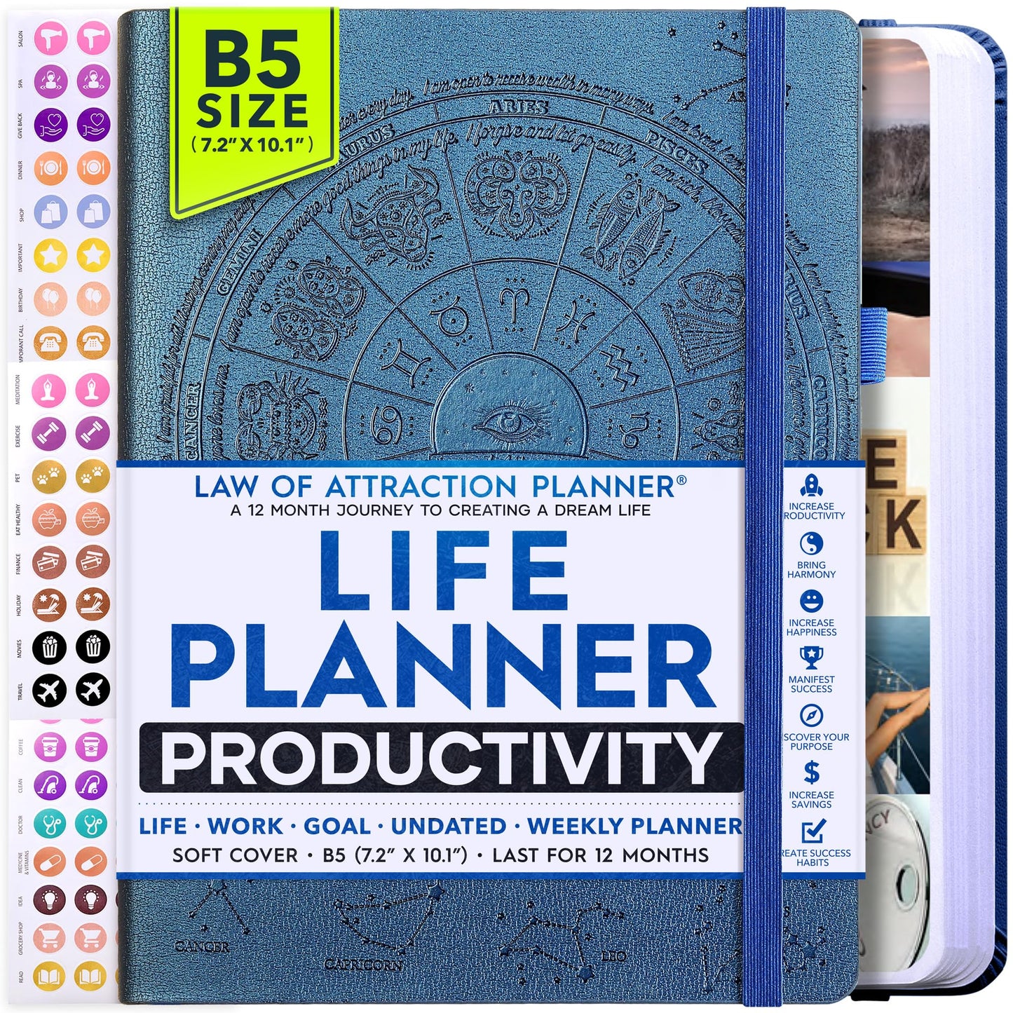 Deluxe Weekly and Monthly Planner | Law of Attraction Planner with Productivity App | 12-Month for Productivity, Gratitude & Goal Setting | Includes Foldable Vision Board, Gift Box & Stickers