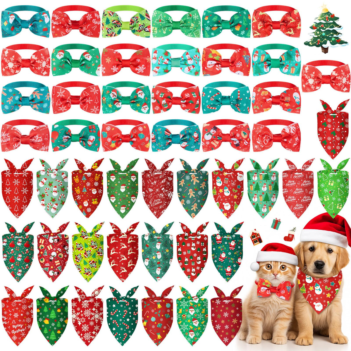 Sanwuta 50 Pcs Winter Dog Bandanas Bulk and Charm Collar Bow Ties Set 25 Snowflake Bandanas for Dogs 25 Snowflake Doggie Collar Triangle Cat Scarf Bowtie for Small Medium Large Pet Winter Costume