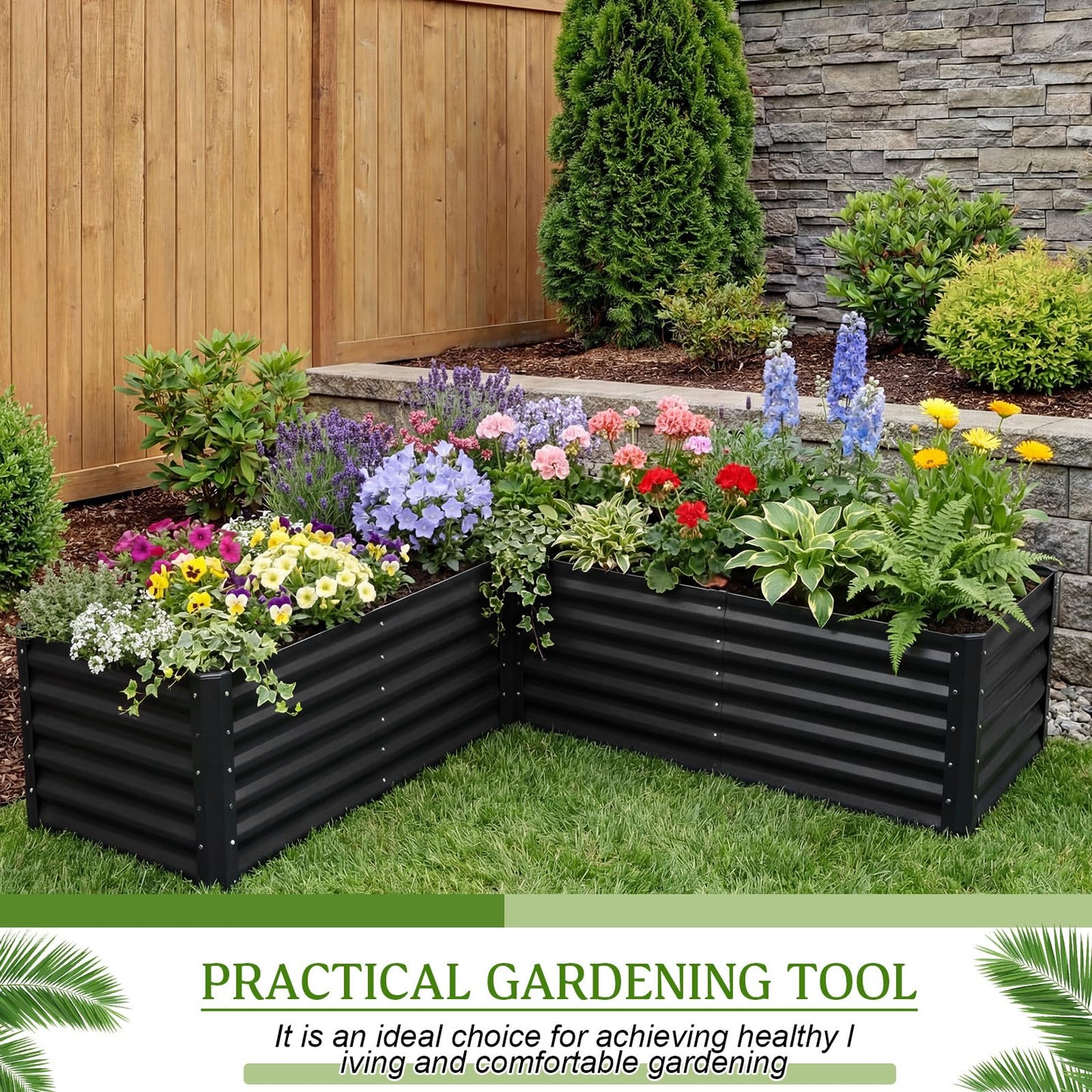 ElaraBerry 6.2x6.2x1.5 ft Raised Galvanized Garden Beds Outdoor L Shaped, Large Corner Metal Deep Root Planter Box with Gloves for Planting Vegetable Flower Herb, Anti Rust, Easy Setup, Gray (Square)