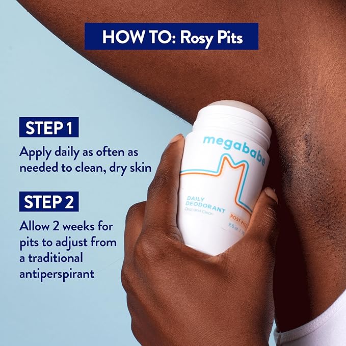 Megababe Daily Deodorant - Rosy Pits | 72 hour Odor Protection | Aluminum-Free, Clear & Clean | 2.6 oz