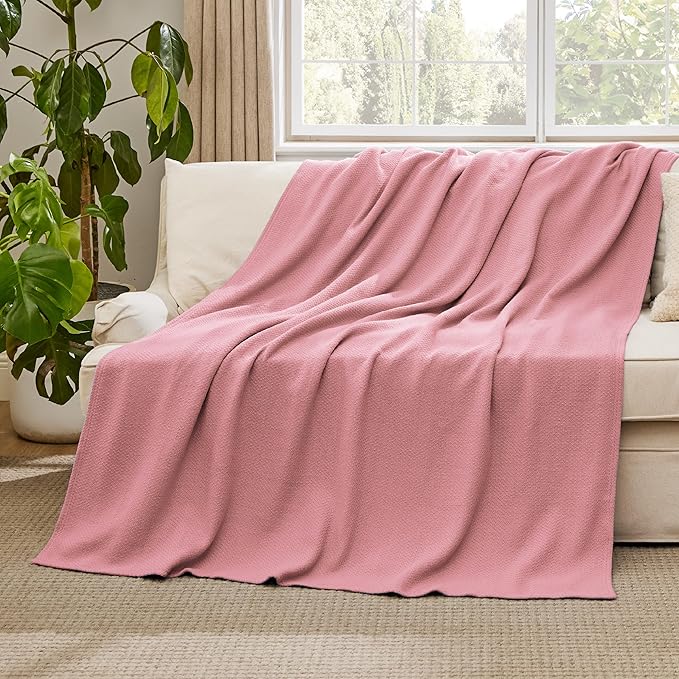 Bedsure 100% Cotton Blanket Twin XL Size for Bed - Breathable and Lightweight, Soft Cozy Textured Herringbone Woven Blanket for Summer Spring, Pink, 66x90 inches
