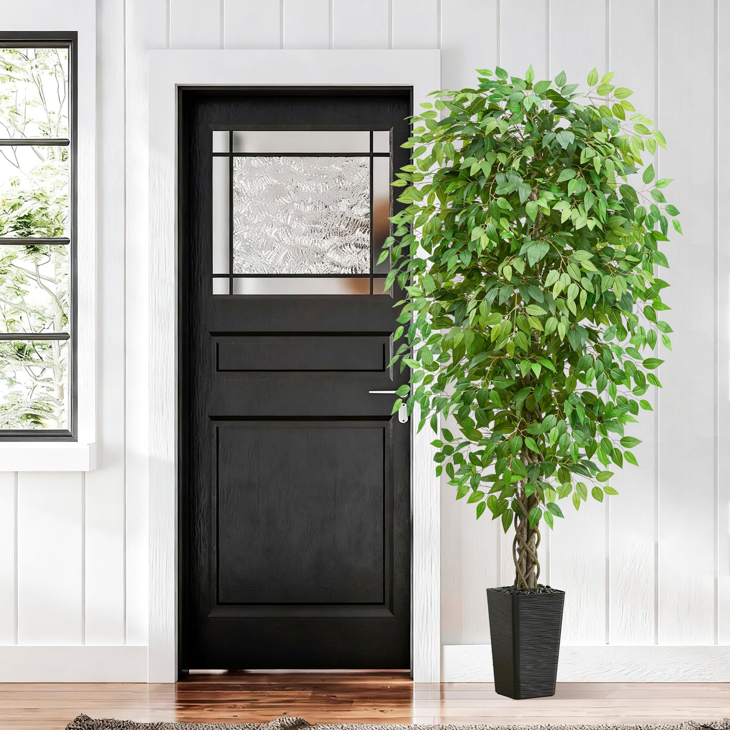 Artificial Ficus Tree 6FT Faux Plants Indoor Tall Fake Plants with Black Square Planter, Green Lifelike Lush Fake Ficus Tree for Home Living Room Bedroom Outdoor Balcony House Office Decor