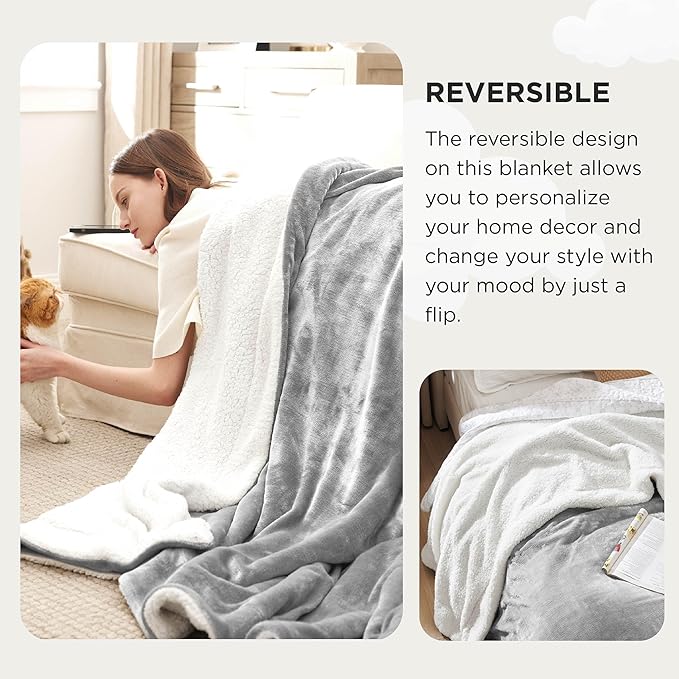 Bedsure Sherpa Fleece Oversized Cal King Blankets for Bed - Thick and Warm, Soft Fuzzy Plush Large Blanket for Winter, Light Grey, 112x98 Inches