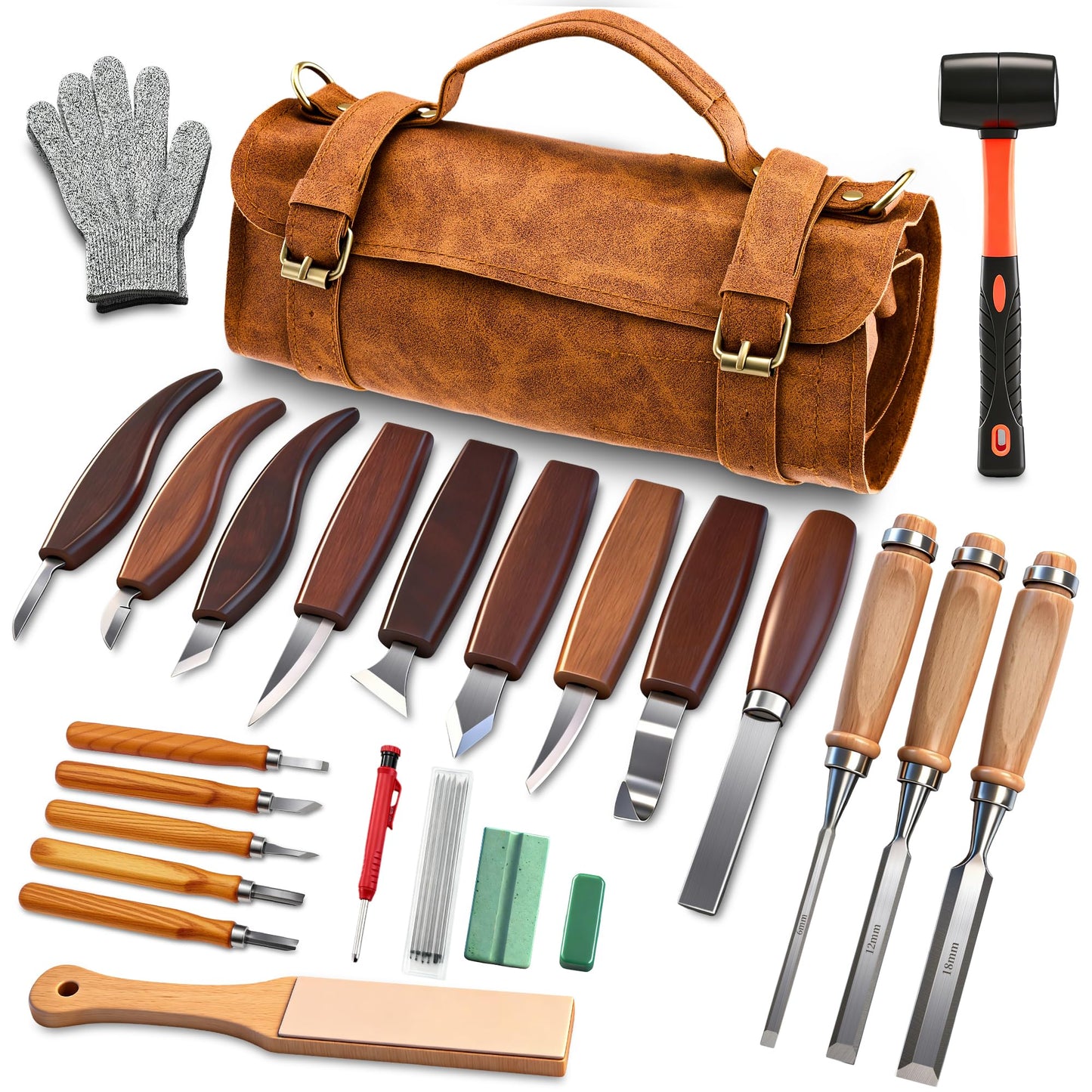 SakerNeo Deluxe Wood Carving Kit, 25 Piece Wood Carving Tools with Thick Leather Storage Bag,Wood Whittling Tools -Ideal Woodworking Tools and Hobbies for Beginners Enthusiasts Gift DIY