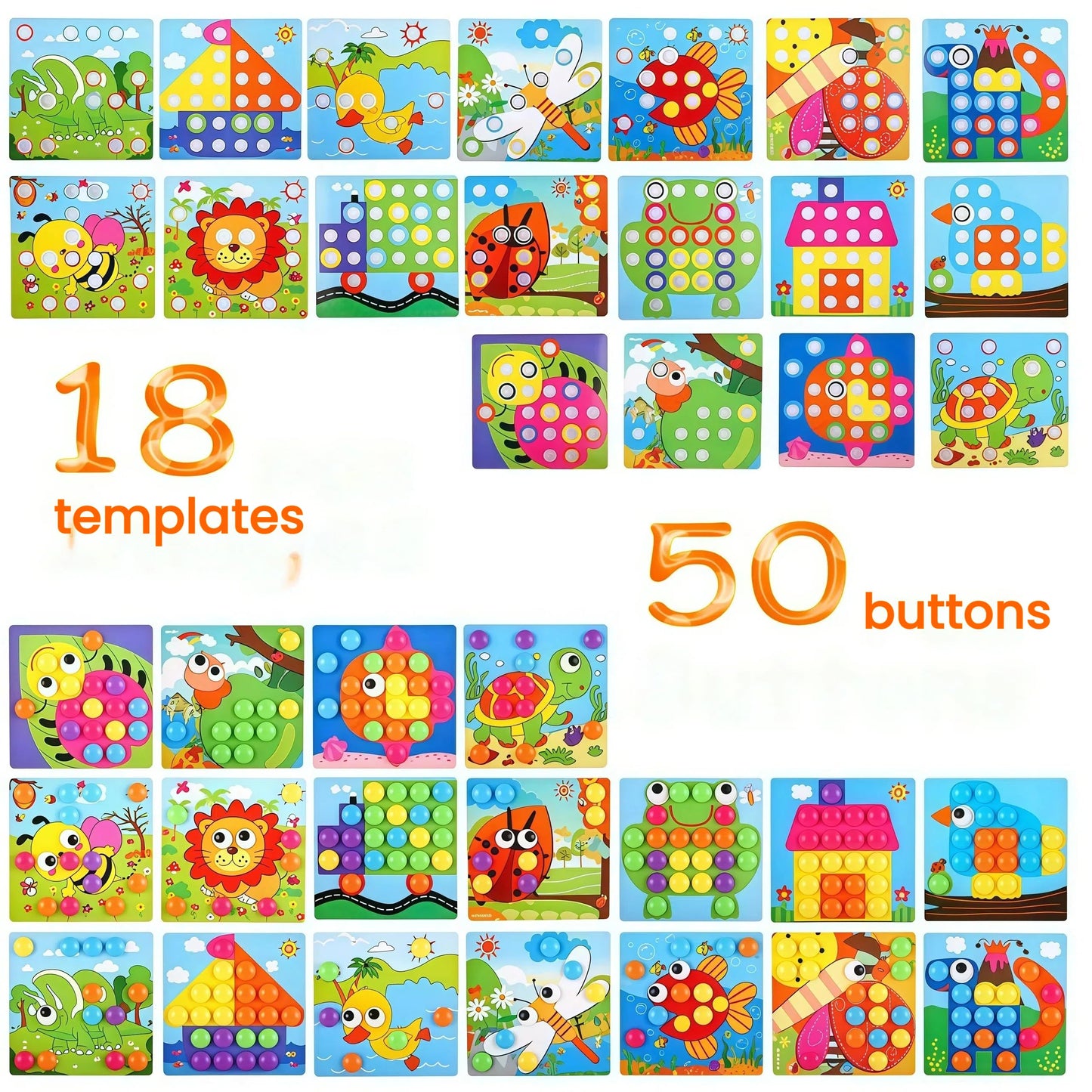 TINOTEEN Button Art Toy for Toddlers,Toddler Activities Crafts Color Matching Early Learning Educational Mosaic Pegboard 50 Buttons and 18 Pictures