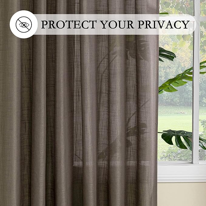 MYSKY HOME Dark Brown Curtains 96 Inches Long for Living Room Sliding Glass Door Semi Sheer Drapes Light Filtering Window Treatments Soft Farmhouse Style Privacy Protect Back Tab, 50" x 96", 2 Panels