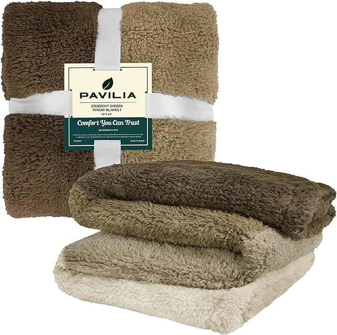PAVILIA Fluffy Sherpa Throw Blanket Ombre | Gradient Plush, Soft, Fuzzy, Decorative Accent Throw Blanket for Couch Sofa Twin Bed | Cozy Warm Decorative Furry Faux Fur Blanket, 60x80 Inches Taupe