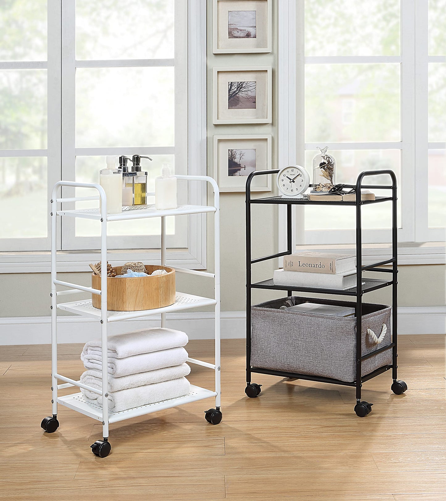 SunnyPoint 3-Tier Rolling Utility Cart – Metal Storage Organizer with Wheels, Mobile Kitchen Cart, Office & Home Organizer, Black, 12" D x 16.92" W x 31.1" H
