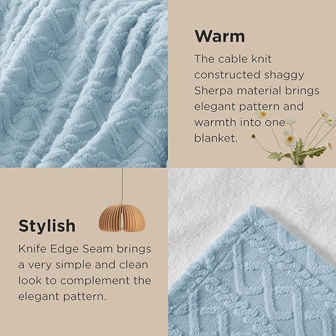 Bedsure Sherpa Fleece Throw Blanket for Couch - GentleSoft Fluffy & Cozy Cable Jacquard Tufted Throw for Women Gift, Thick and Warm Blankets for Winter, Blue, 50x60 Inches