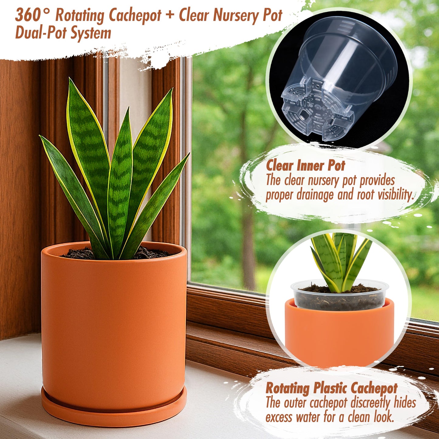 D'vine Dev Double-Layer Planter Set – Rotating Plastic Cachepot with Clear Inner Liner for Root Health, Perfect for Indoor Plants, 4.5", Pumpkin, 73-U-E-1