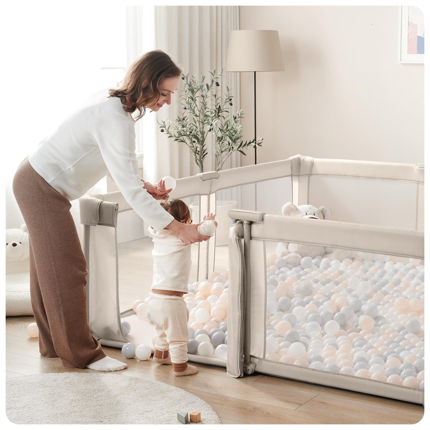 Sweeby Baby Playpen, 59x59 Inch Gate Foldable for Babies and Toddlers, Extra Large with Door Play Yard for Fence Indoor and Outdoor, Light Khaki