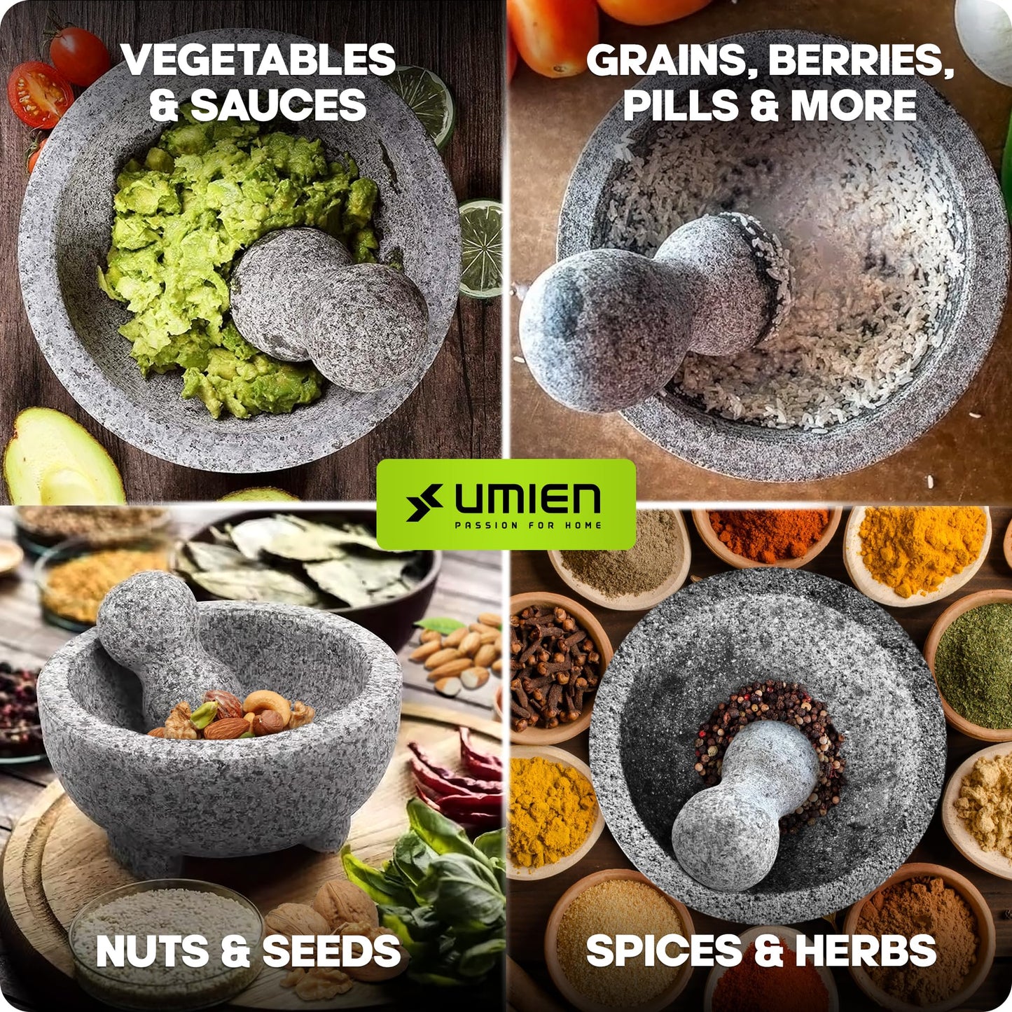 Umien Granite Mortar and Pestle Set - 8-Inch Natural Stone Molcajete with Avocado Tool - 3.5 Cup Capacity for Spices, Herbs, Pestos & Guacamole - Premium Kitchen Gift (Grey)