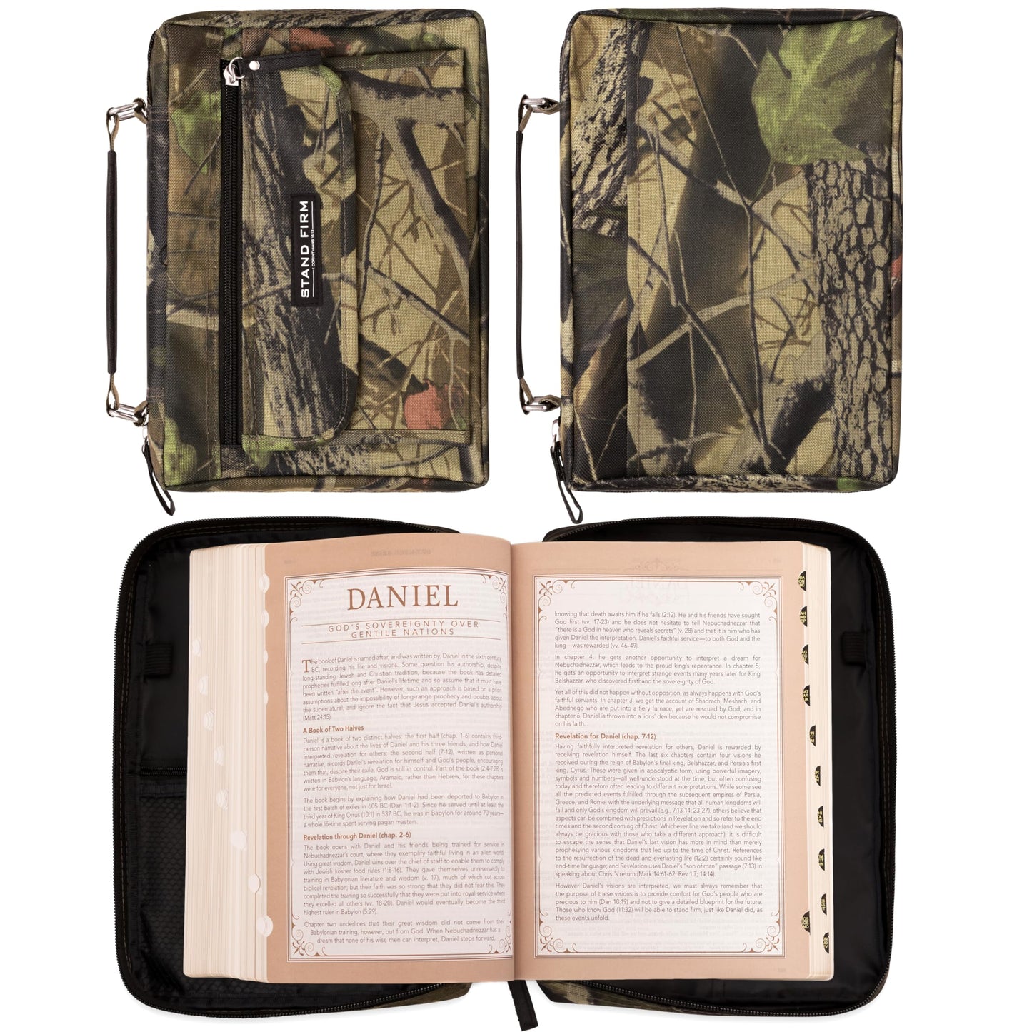 Christian Art Gifts Stand Firm Oak Moss Camo Poly-Canvas Organizer Bible Cover - 1 Corinthians 16:13, Large