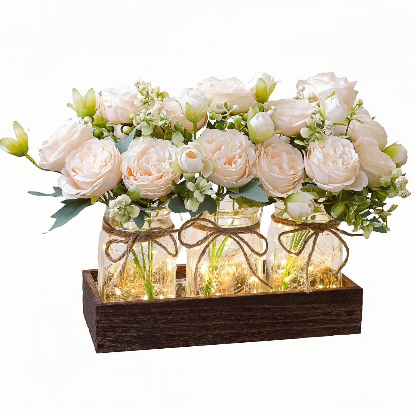 LUEUR Mason Jar Lights Centerpiece with Farmhouse Wood Tray – 3 Jars with Champagne Peony Spring Flowers, Spring & Summer Wedding Decoration for Dining Table, Coffee Table, Kitchen & Living Room
