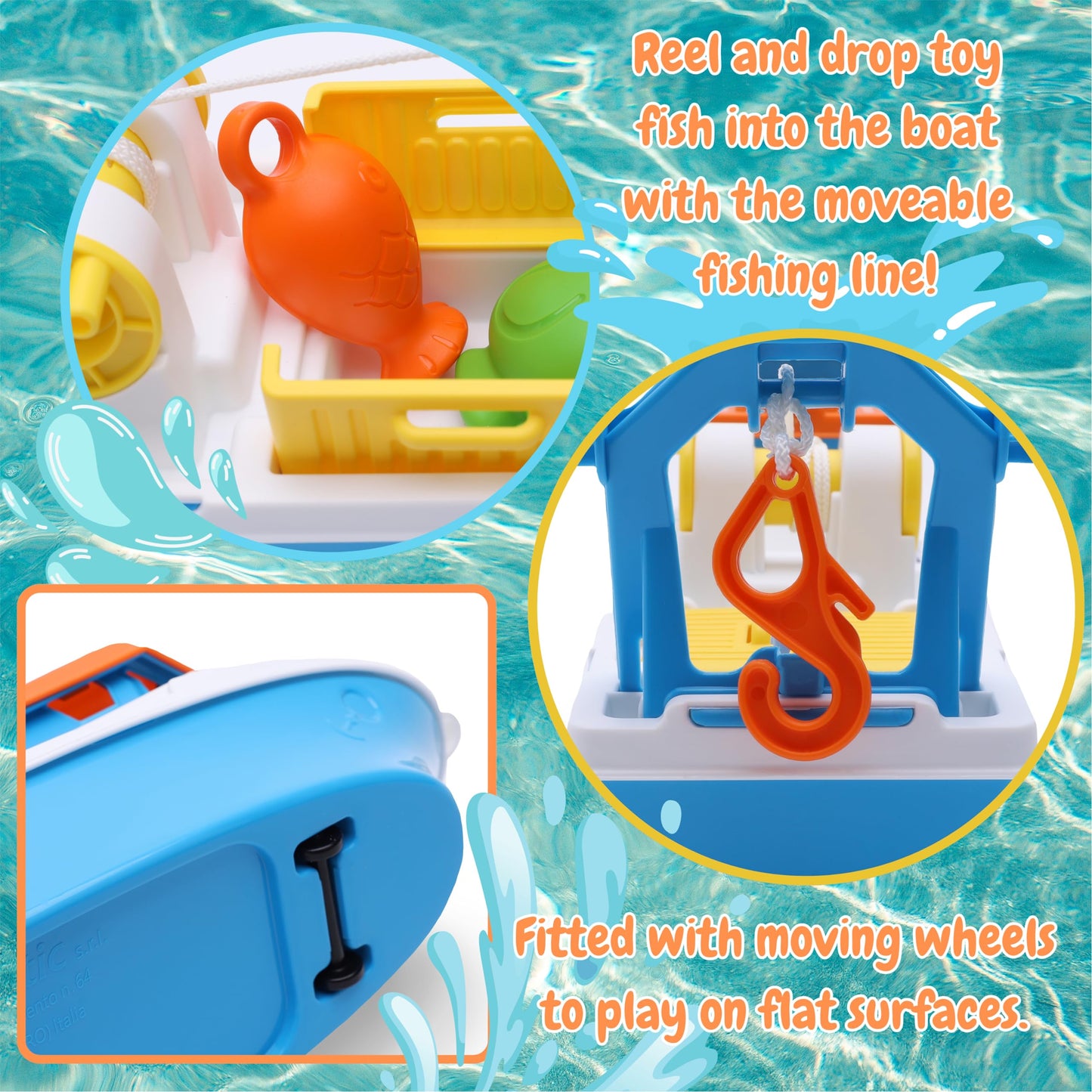 Toyland® 40cm (16") Colourful Fishing Boat with Moveable Doors, Fishing Hook & 4 Plastic Fish - Kids Floating Water Toy - Pool & Bathtime Toys - 3 Years+
