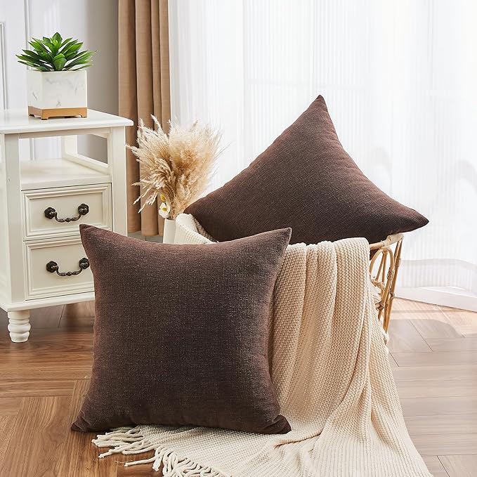 GAWAMAY Decorative Square Throw Pillow Covers 20"x20" Inch Set of 2, Super Soft Chenille Pillows Farmhouse Fall Pillowcase for Living Room Bedroom Sofa Couch Cushion Cover Coffee 50x50cm (No Inserts)