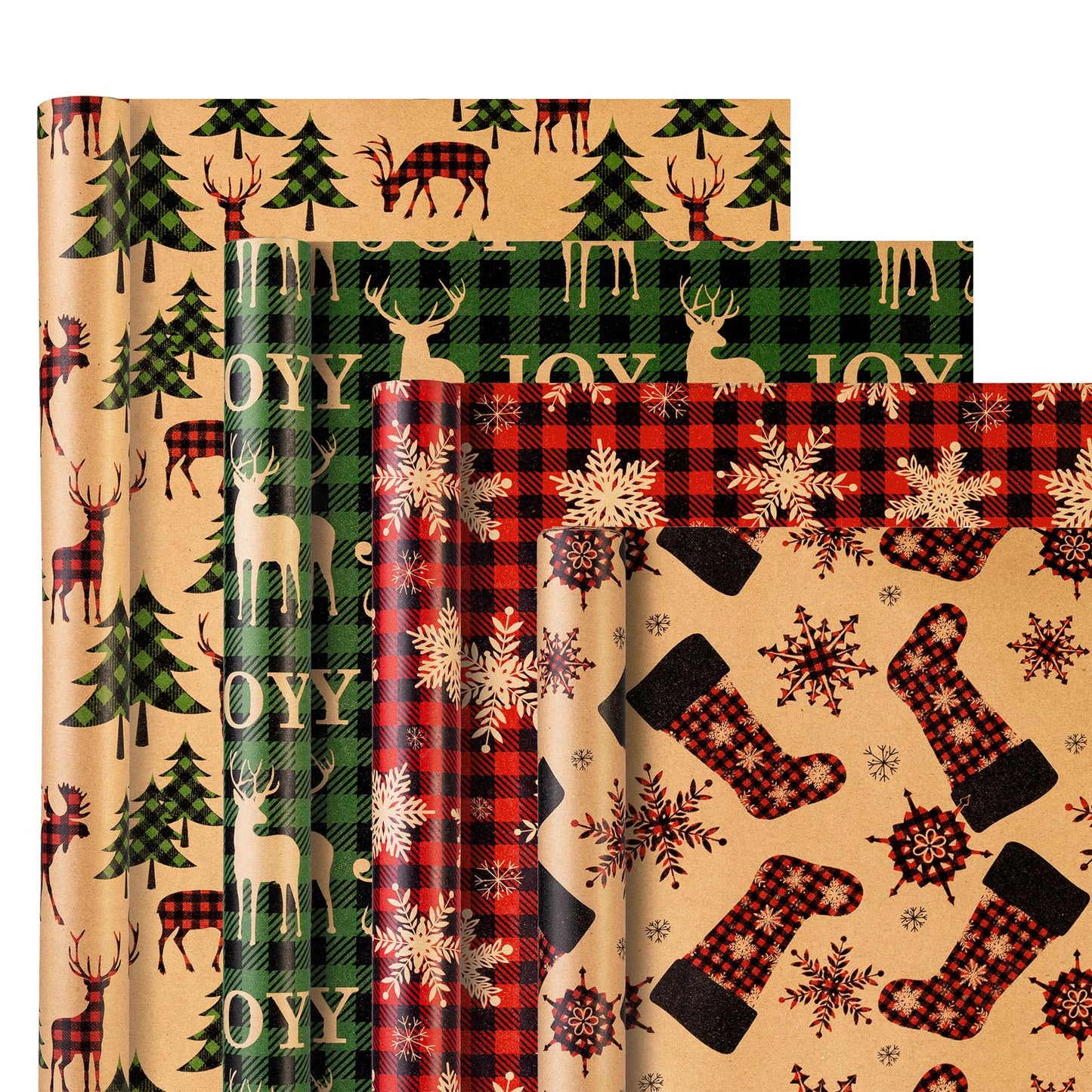 Christmas Wrapping Paper (4 Rolls: 93 sq. ft. ttl) - Red/Green and Black Plaid Grid Patterns, Stockings Snowflakes Pine Tree and Reindeer - Holiday Kraft Gift Paper 17 inches x 16.5 feet Per Roll