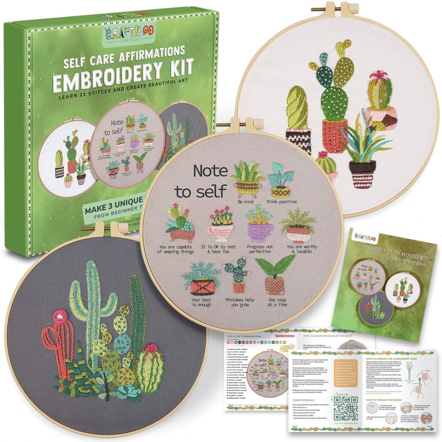 CRAFTILOO Embroidery Kits for Adults Hand Embroidery kit for Beginners with Stamped Embroidery Patterns Starter Embroidery Kit. Needlepoint kit Cross Stitch kit for Teens& Adults Cactus