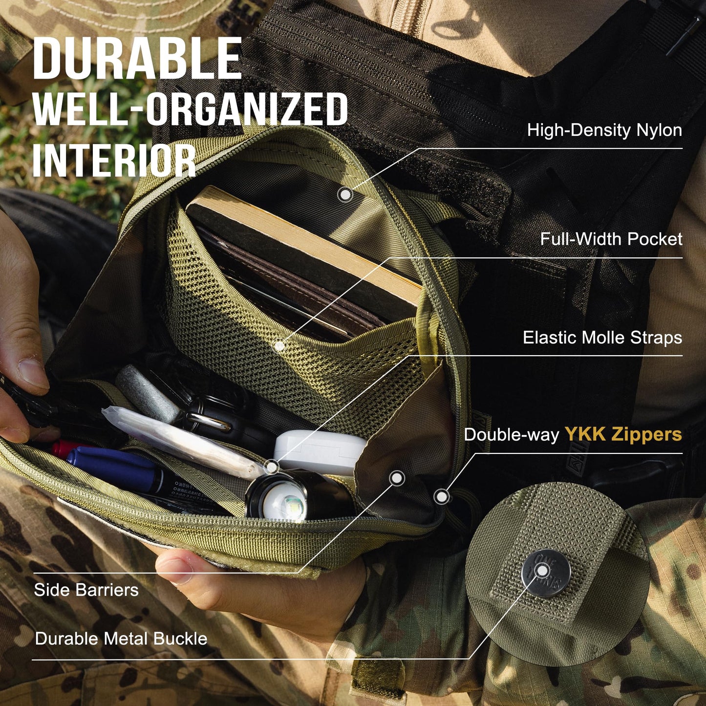 OneTigris MOLLE Pouch, Tactical Admin Pouch Belt EDC Tool Organizer Zippered Utility Waist Pack 7.5"x5"x2"(Green)