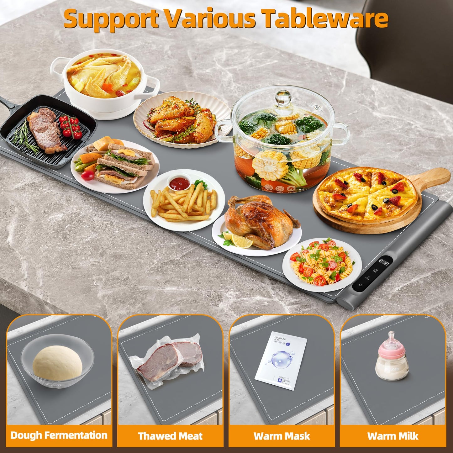 Newise Graphene Warming Mat for Food, Extra Large (XXL 36”x 16") Electric Warming Trays for Buffets Party Countertop with 6 Temp & Timer Settings, Mothers Day Kitchen Gifts for Mom Wife, Gray