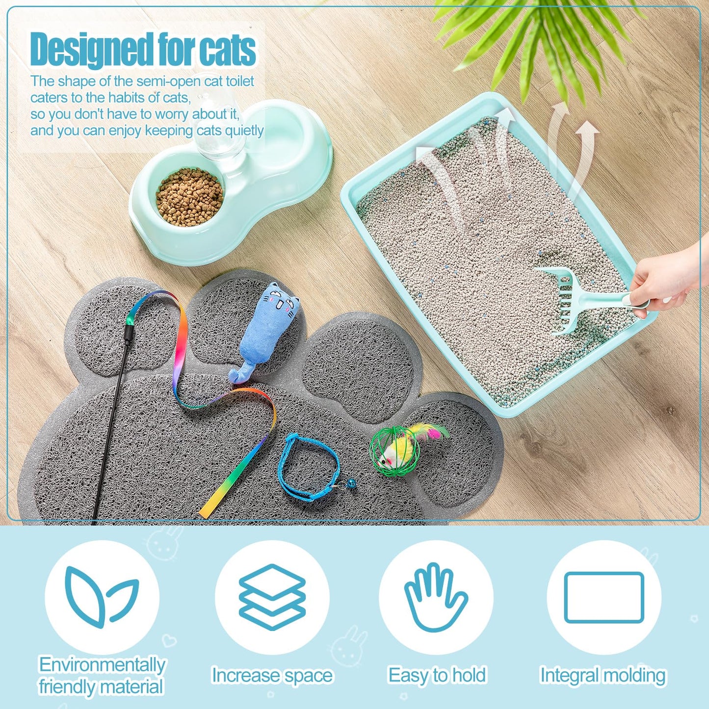 7 Pcs Small Cat Kitten Starter Kit Cat Litter Box with Shovel Paw Litter Mat Double Automatic Kitten Bowls Toy Teaser Stick Collar Essentials Kits for 1-3 Lbs Beginner(Simple,Blue)