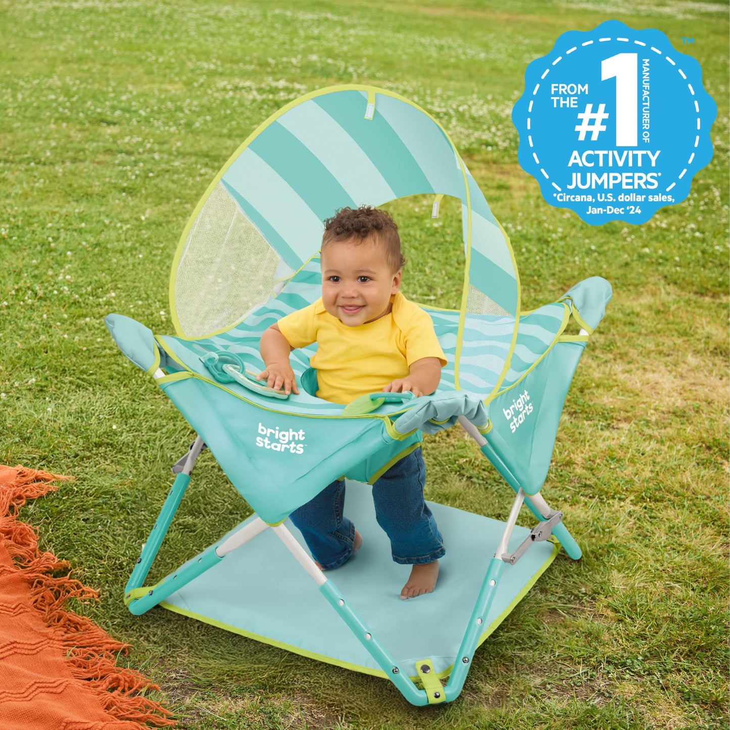 Bright Starts Pop 'N Jump Portable Baby Activity Center, Indoor Outdoor Use, Lightweight, Carrying Bag, Canopy, 6-12 Months - Sky Stripes Blue