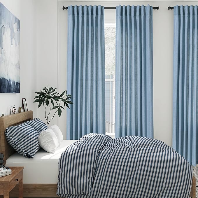 Linen Blue Curtains 120 inch Extra Long for Living Room Back Tab Light Filtering Semi Sheer Drapes Modern Farmhouse Coastal Decor Cotton Textured Curtain for Floor to Ceiling High Window 52x120