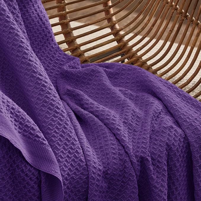 Bedsure 100% Cotton Large Throw Blanket for Couch 50x70 inches - Breathable and Soft, Waffle Weave Throw Blanket for Office, Purple