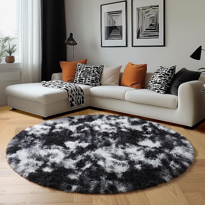 Amdrebio Black White Grey Round Rug 4Ft Circle Area Rugs for Bedroom Living Room, Fluffy Fuzzy Shaggy Furry Rugs for Kids Room Dorm Home Office, Shag Plush Floor Modern Cool Carpet for Men Teen Boys