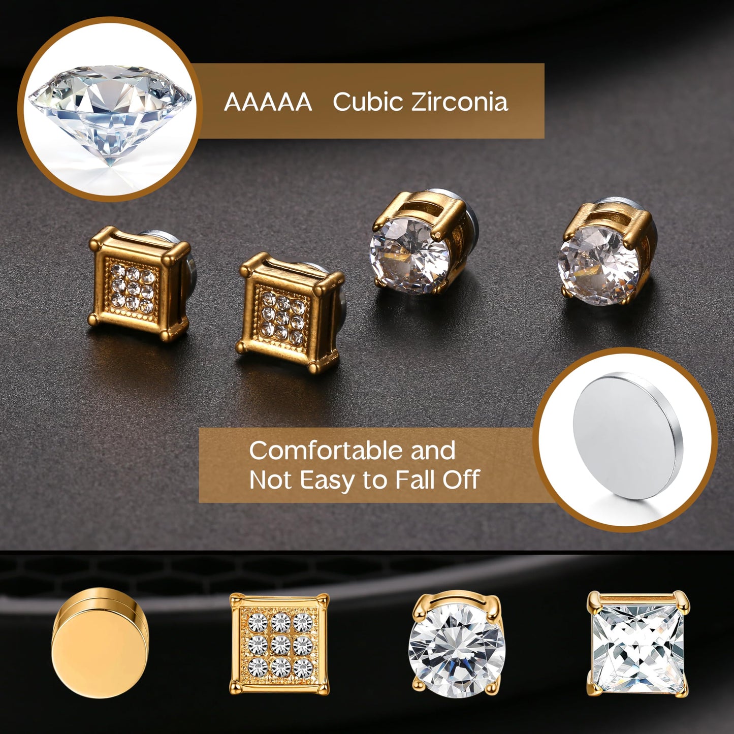 Jstyle 4 Pairs Stainless Steel Magnetic Stud Earrings for Men Women Gold CZ Non-Piercing Clip On Stud Earrings Set 7 MM