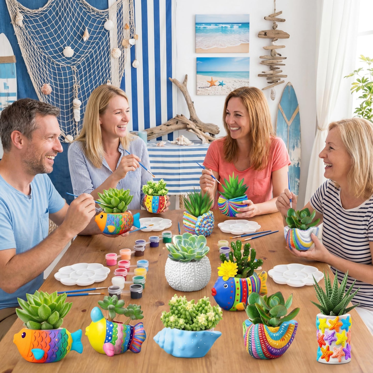 Hushee 12 Sets Ceramic Succulent Planters Paintable Succulent Plant Pots Small DIY Figurines Unpainted Pots with Drainage Hole Color Paints Paintbrushes Palettes(Sea Animals)
