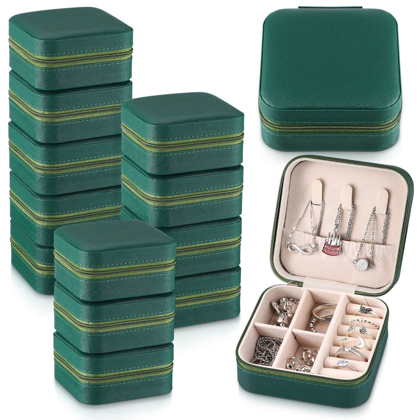 Yinkin 12 Pcs Mini Travel Jewelry Case Bridesmaid Proposal Gift Boxes, Small PU Leather Earring Organizer, Bulk Travel Accessories Portable Jewelry Holder(Green)