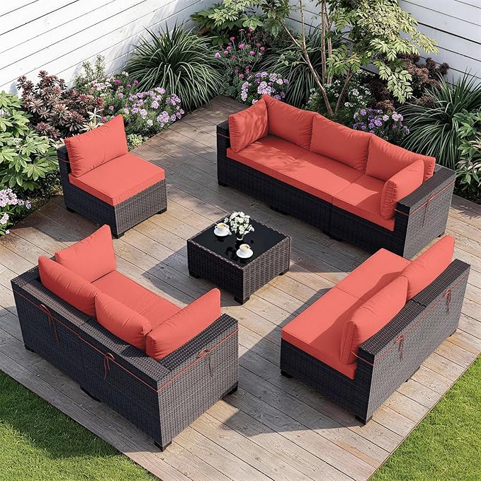 ALAULM Patio Furniture Set with Coffee Table, 9 Pieces Outdoor Sectional with Wide Seat and Thick Cushion, All Weather Wicker Rattan Conversation Set for Backyard, Garden, Deck, Red
