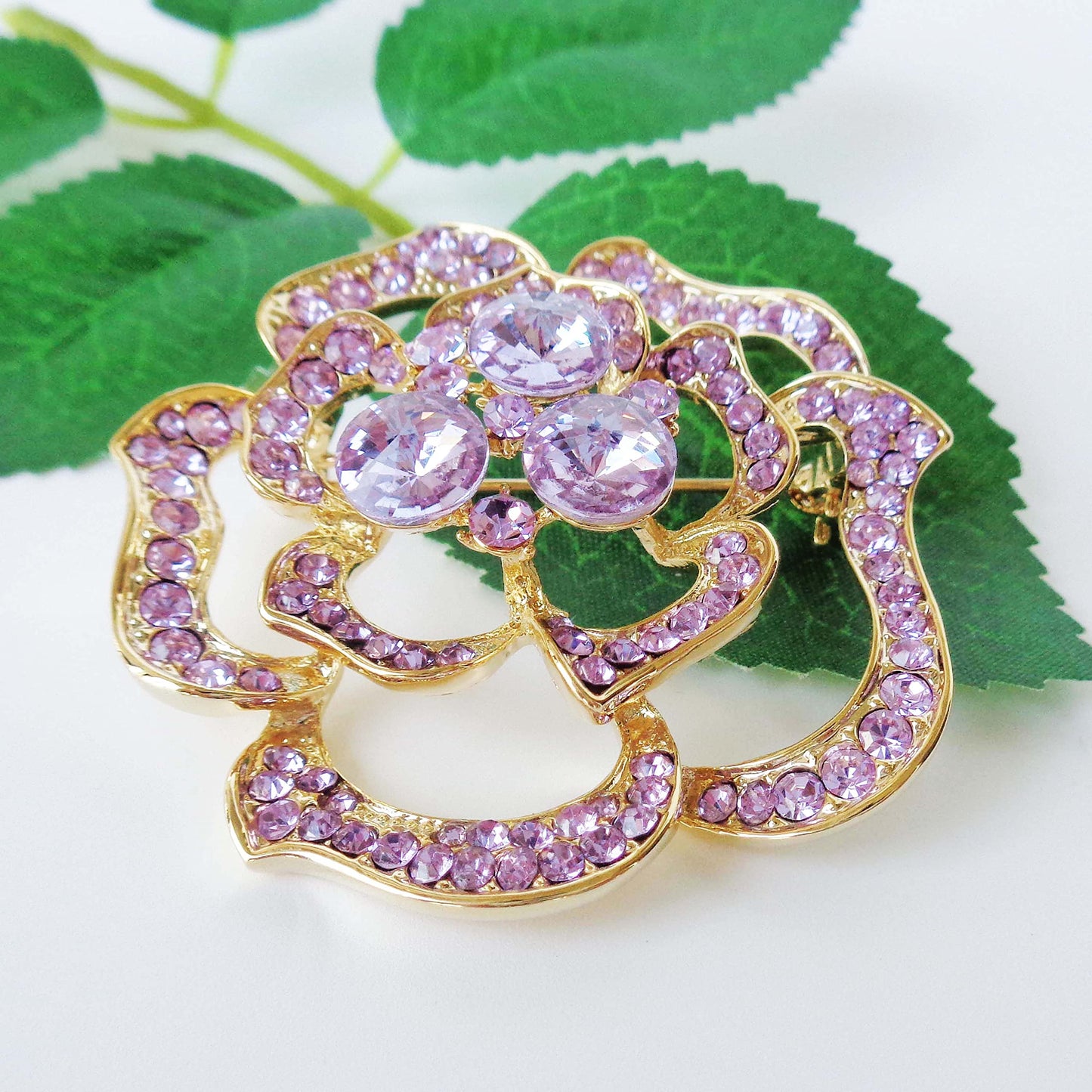 Navachi 18k Gold Plated Purple Crystal Blooming Rose Flower Az7439b Brooch pins
