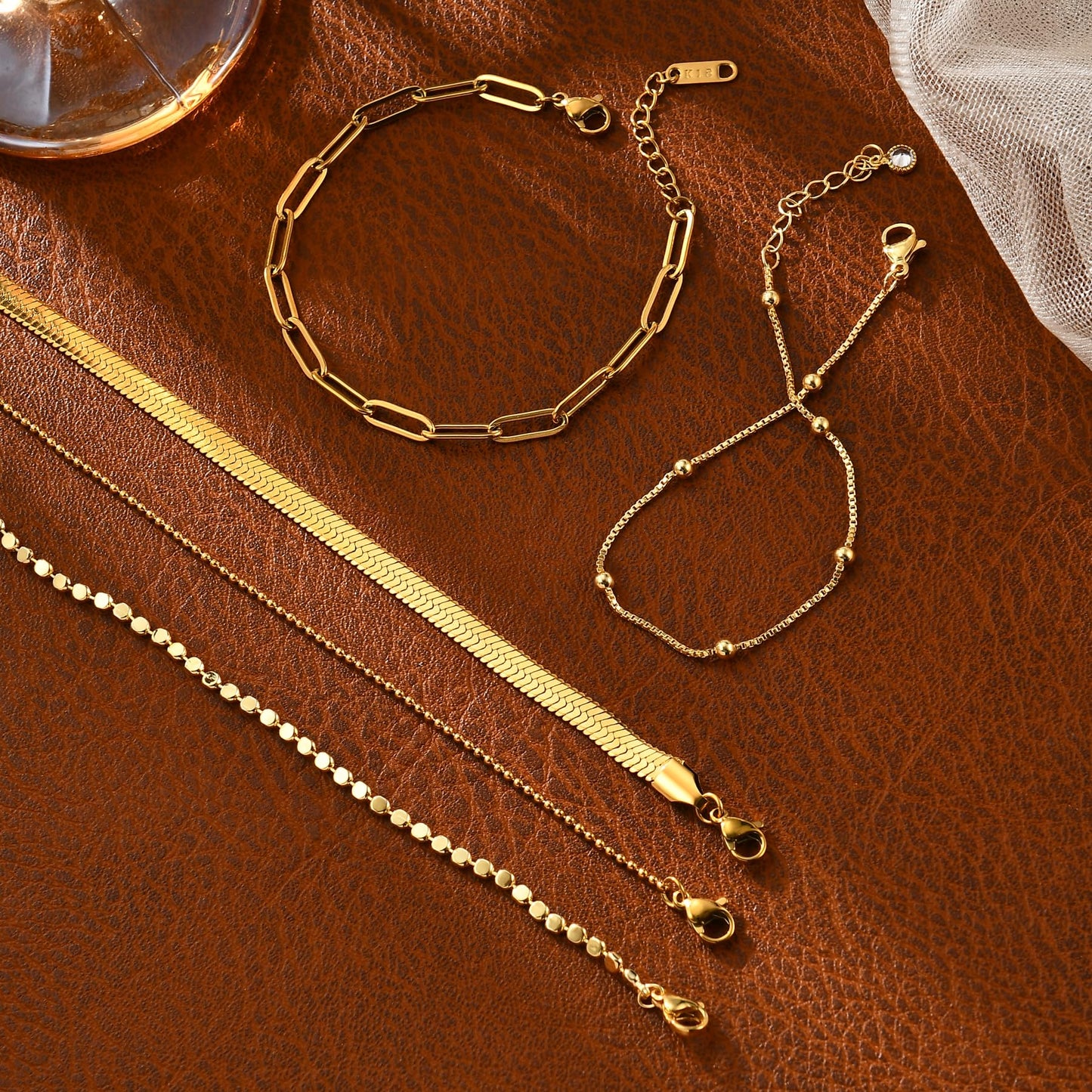 Striviio Gold Bracelets for Women, 14K Gold Plated Stackable Bracelet Stack Set Adjustable Charm Paperclip Chain Snake Link Layered Waterproof Jewelry Sets Gifts