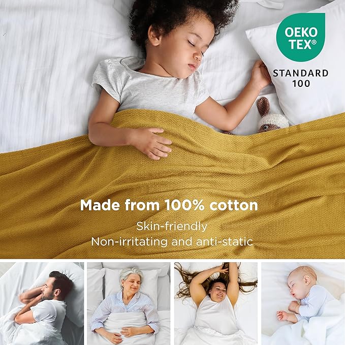 Bedsure 100% Cotton Blanket King Size for Bed - Breathable and Lightweight, Soft Cozy Textured Herringbone Woven Blanket for Summer Spring, Yellow, 108x90 inches