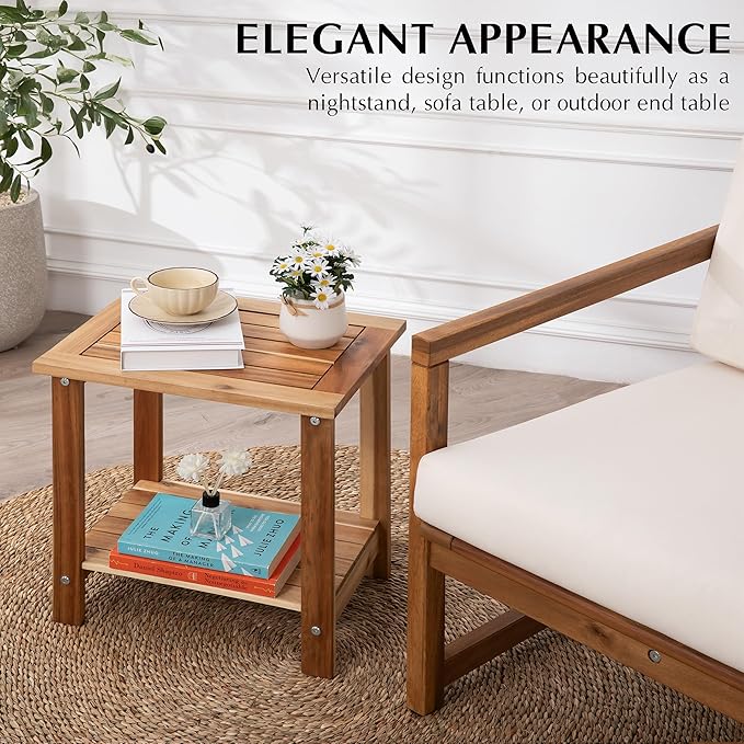Double Adirondack Side Table, Weather-Resistant Rectangular End Table for Patio, Garden, Lawn, and Living Room. Ideal as a Stylish Indoor and Outdoor Side Table Companion, Light Natural