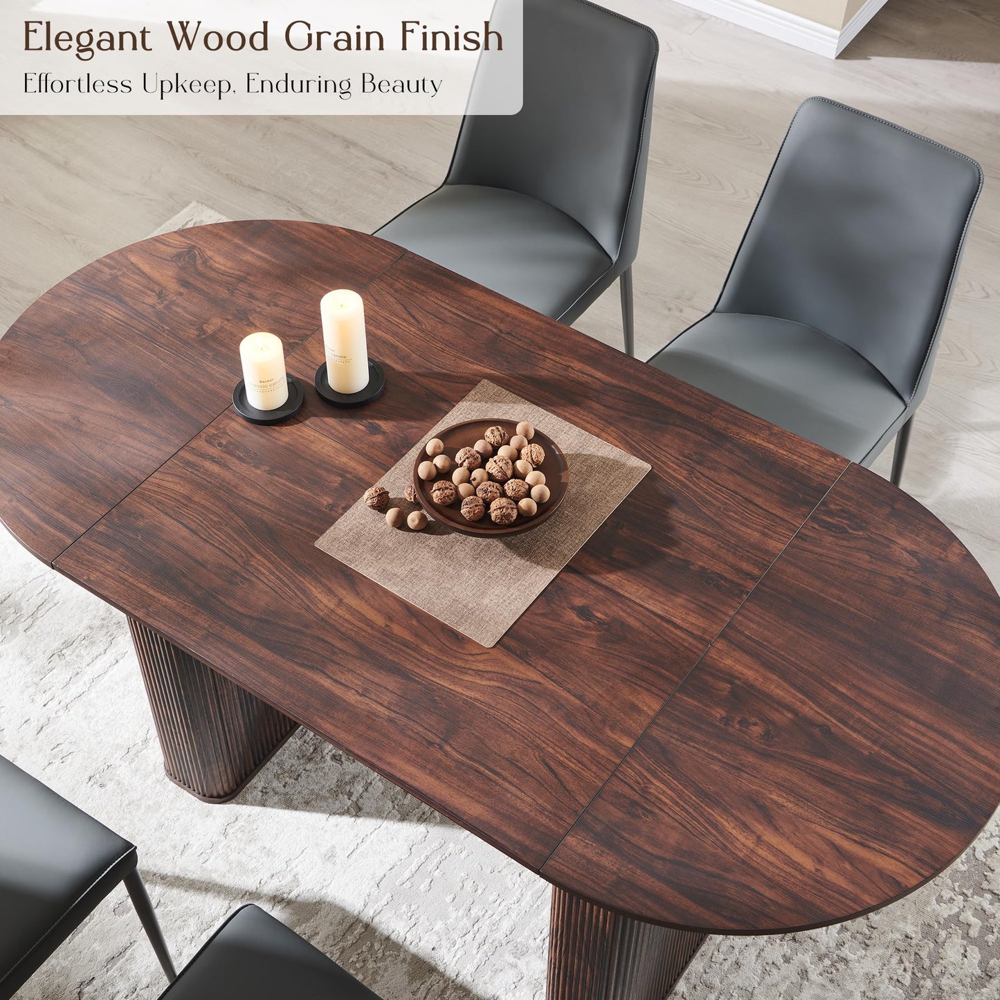 T4TREAM 63" Fluted Oval Dining Table for 4-6, Mid-Century Modern Kitchen Table with Thickened Edge & Strip Pedestal Base, Wood Luxury Table for Dining Room/Kitchen/Home Office, Walnut (Table Only)