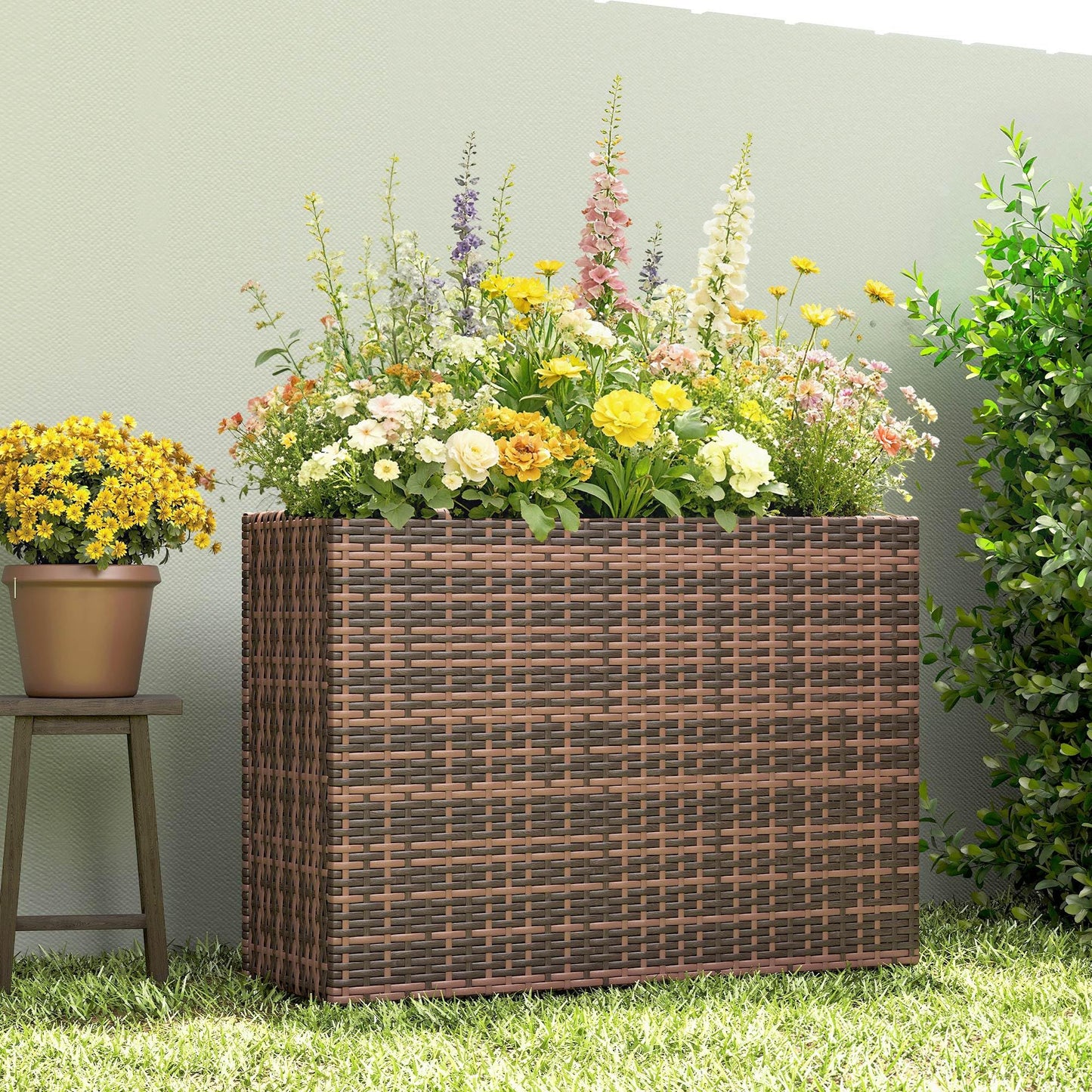 Outsunny Tall Rectangular Planter with Removable Liner, PE Wicker Large Planters for Outdoor Plants, Freestanding Indoor Outdoor Planter Box with Drainage Holes for Flowers, Vegetables, Brown