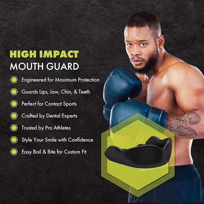 DAMAGE CONTROL High-Impact Mouth Guard – Sports Mouthguard for Boxing, Football, Hockey, Lacrosse & Basketball, Protects Teeth & Jaw, Protective Mouthpiece for Adults & Youth (Youth, Black 2.0)