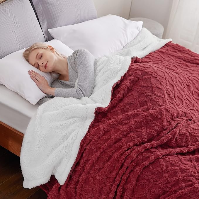 Bedsure Sherpa King Size Blanket for Bed- GentleSoft Fleece Fluffy & Cozy Cable Jacquard Tufted for Women Gift, Thick and Warm Blankets for Winter, Red, 108x90 Inches