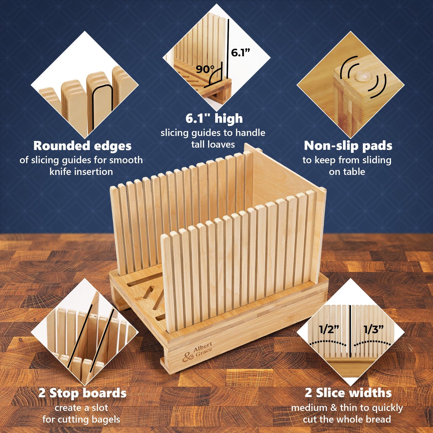 Albert & Grace Adjustable Bread Slicer – Premium Cross-Laminated Bamboo, High 6.1” Guides, 3 Width Settings, 2 Slice Thicknesses – Folds Flat – Perfect for Sourdough, Homemade Loaves & Bagels