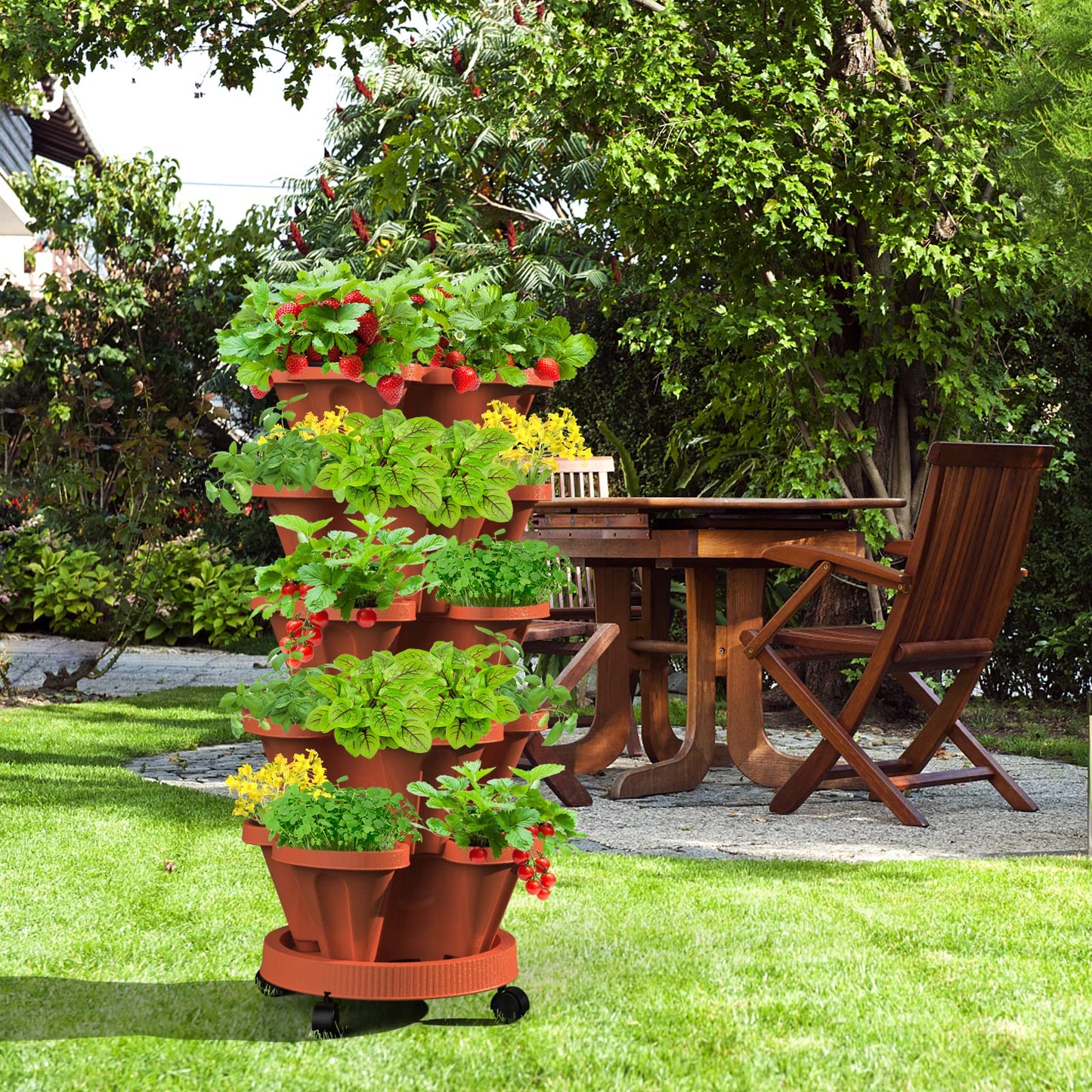 Tectsia Strawberry Vertical Planters 2 Pack, 5 Tiered Stacking Tower Garden with Support Pole, Stackable Herb Vegetable Planters Indoor Outdoor Terra Cotta
