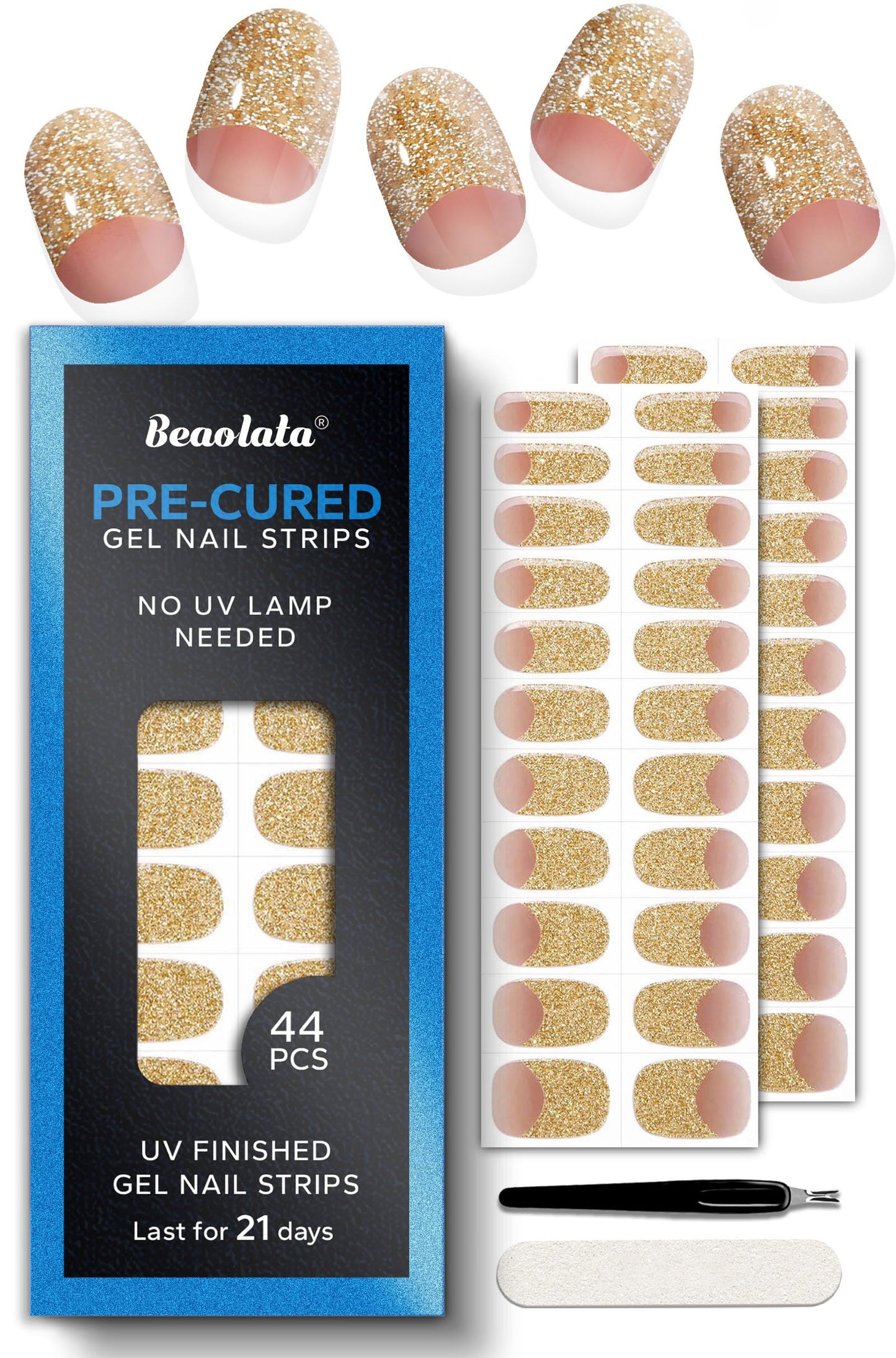 Beaolata Real Gel Nail Strips (No UV Light Needed) - 44Pcs Salon Quality Nail Stickers - Long Lasting Polish Wraps for Women, Easy Apply & Remove (Gold Haze