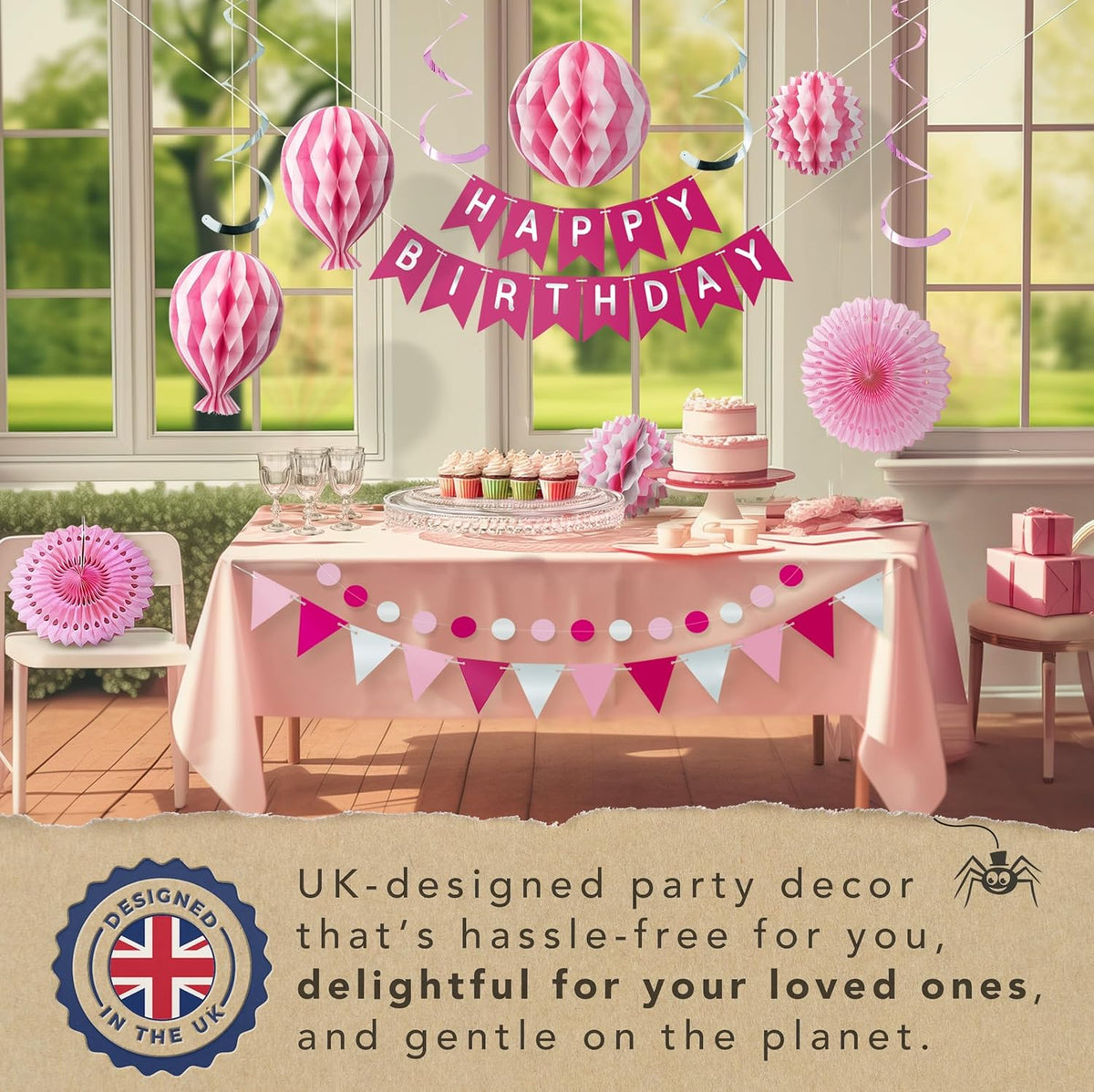 Premium Reusable Happy Birthday Decorations for Women and Girls Pink Party Decorations, Multi-occasion Banner, Pennant Banner, Paper Fans - Party Decor by Itsy Bitsy Party Co